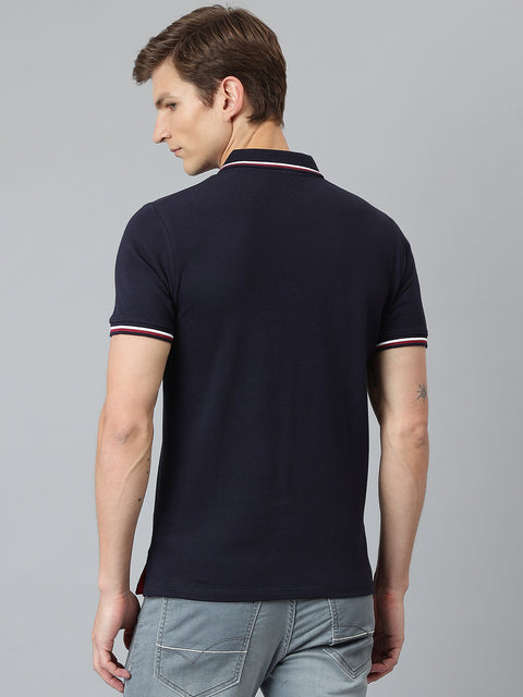 Men Navy Regular Fit Solid Polo Neck T-Shirt