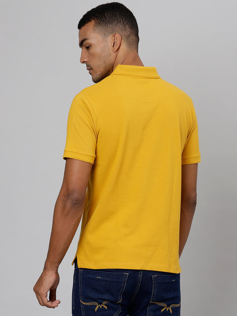 Men Mustard Regular Fit Solid Polo Neck T-Shirt