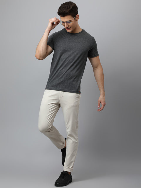 Men Beige Slim Fit Mid Rise Solid Casual Trouser