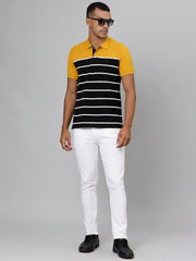Men Mustard Black Regular Fit Striped Polo Neck T-Shirt