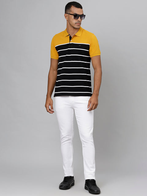 Men Mustard Black Regular Fit Striped Polo Neck T-Shirt