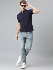 Men Navy Regular Fit Solid Polo Neck T-Shirt