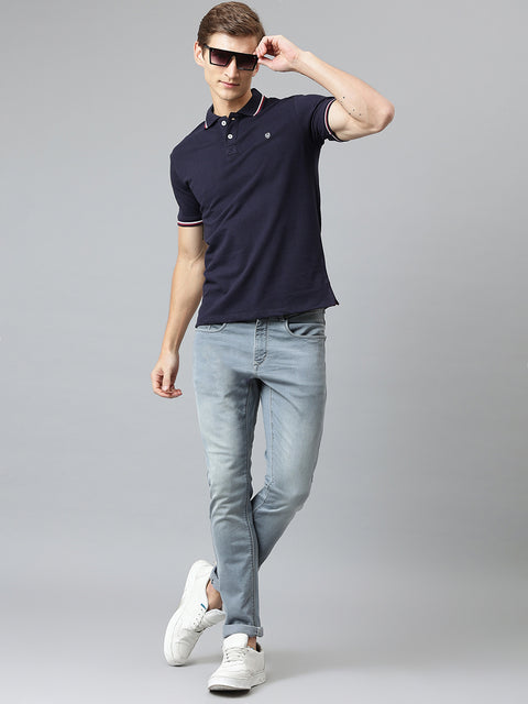 Men Navy Regular Fit Solid Polo Neck T-Shirt