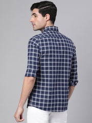 Men Navy Slim Fit Checkered Casual Shirt