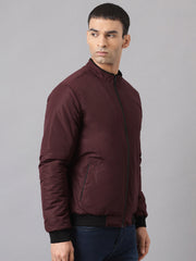 Men Maroon Regular Fit Bomber Solid Jacket