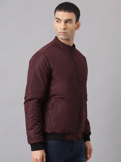 Men Maroon Regular Fit Bomber Solid Jacket