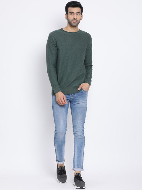 Men Olive Regular Fit Round Neck Full Sleeve Sweater