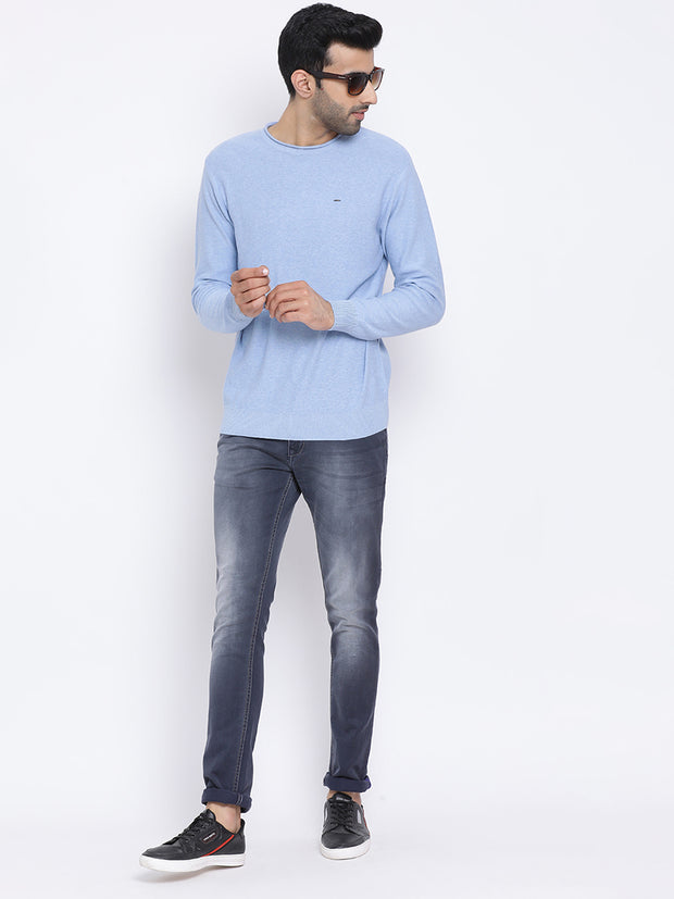 Men Sky Regular Fit Round Neck Full Sleeve Sweater