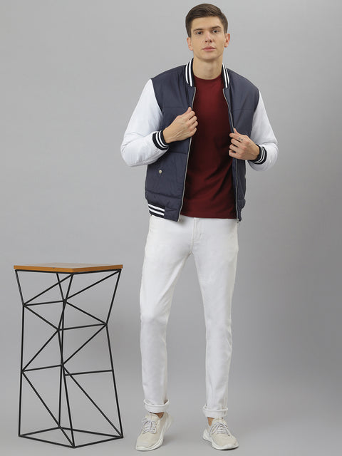 Men Navy Regular Fit Puffer Color Blocked Jacket