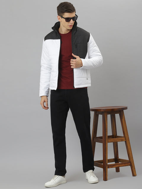 Men White Regular Fit Puffer Color Blocked Jacket