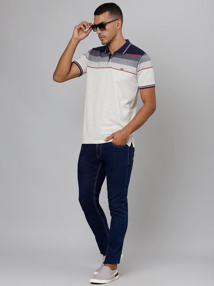Men Navy Regular Fit Color Blocked Polo Neck T-Shirt