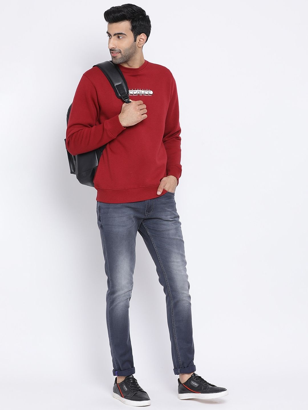 Men Dark Maroon Regular Fit Crew Neck Sweat Shirt