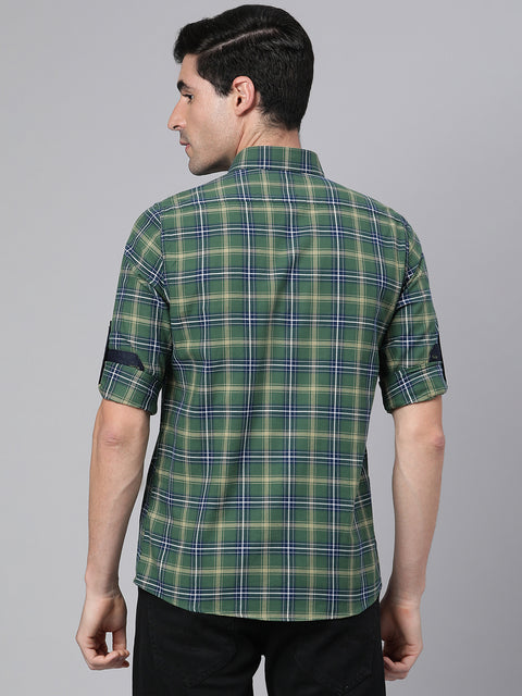 Men Green Slim Fit Checkered Casual Shirt