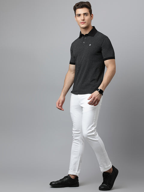 Men Black Regular Fit Printed Polo Neck T-Shirt