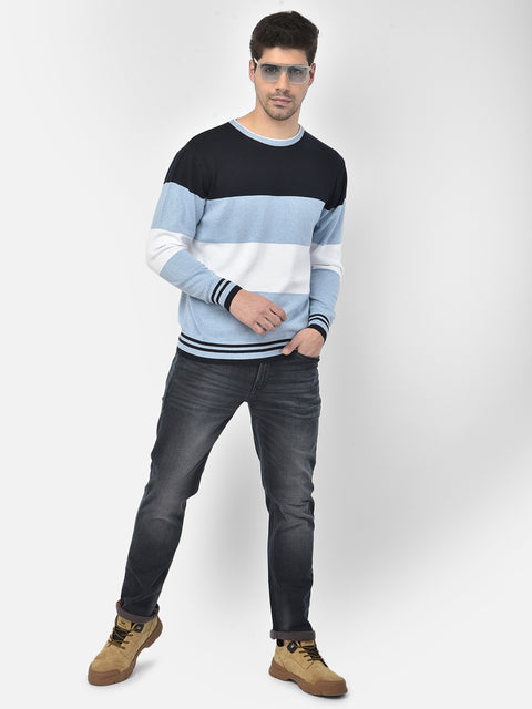 Men Navy Blue Regular Fit Round Neck Color Block Full Sleeve Sweater