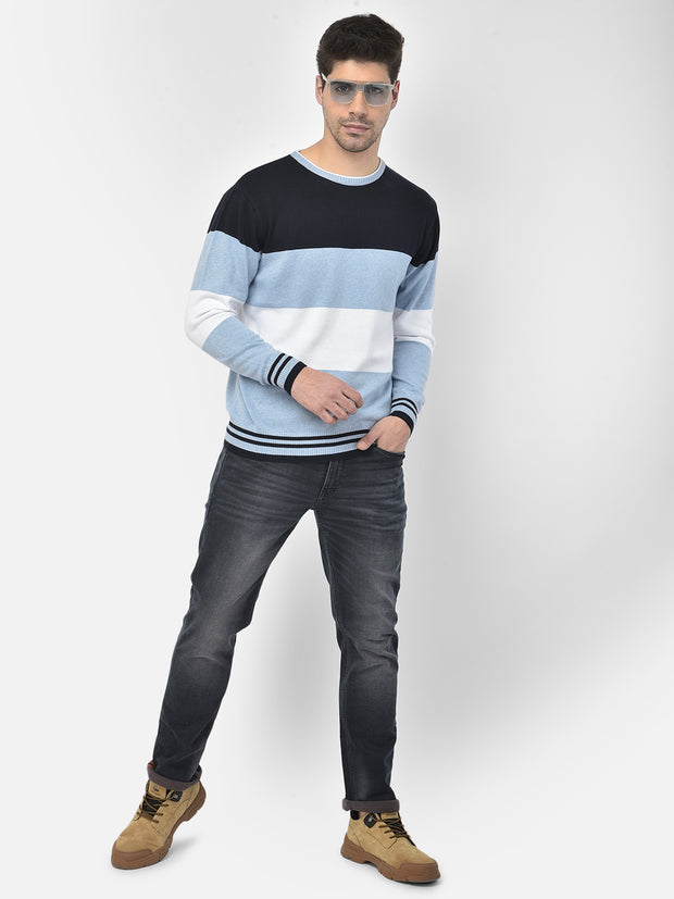 Men Navy Blue Regular Fit Round Neck Color Block Full Sleeve Sweater