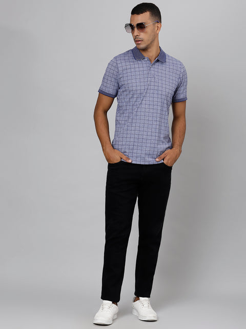 Men Blue Grey Regular Fit Checkered Polo Neck T-Shirt