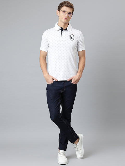 Men White Regular Fit Printed Polo Neck T-Shirt