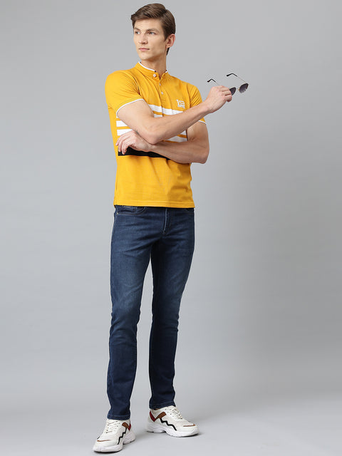Men Mustard Regular Fit Striped Polo Neck T-Shirt