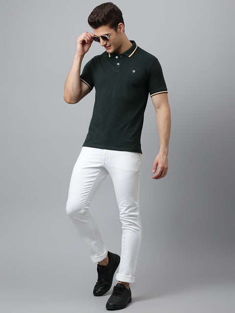Men Forest Green Regular Fit Solid Polo Neck T-Shirt