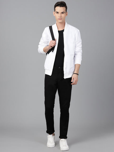 Men White Regular Fit Bomber Solid Jacket