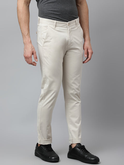 Men Beige Slim Fit Mid Rise Solid Casual Trouser