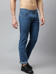 Men Mid Blue Regular Fit Mid Rise Clean Look Strechable Jeans