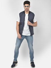 Men Navy Regular Fit Solid Sleeveless Jacket