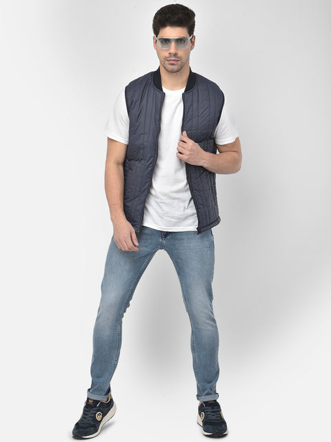 Men Navy Regular Fit Solid Sleeveless Jacket