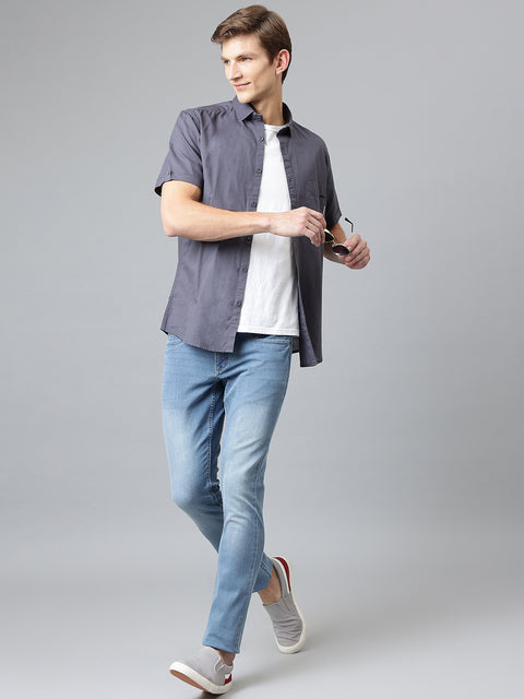 Men Dark Navy Slim Fit Solid Casual Shirt