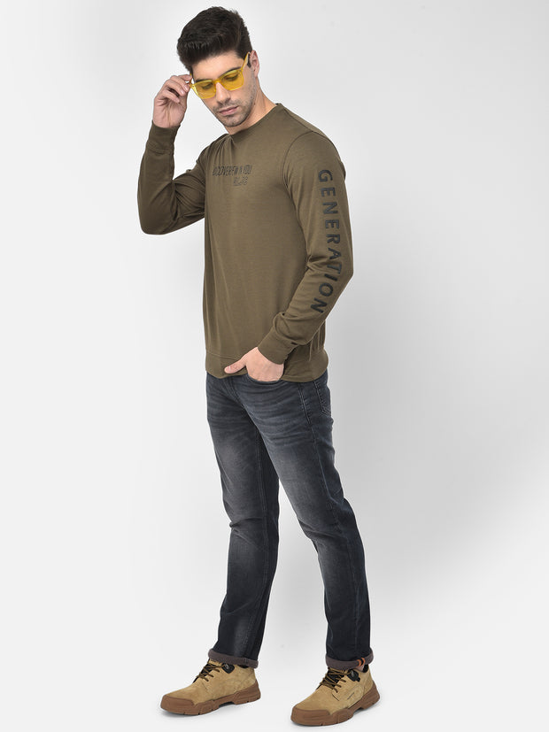 Men Olive Regular Fit Sold Casual Sweat Shirt