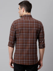 Men Brown Slim Fit Checkered Casual Shirt