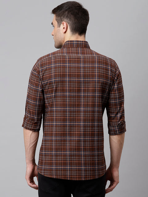 Men Brown Slim Fit Checkered Casual Shirt