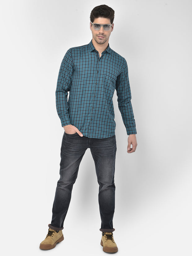 Men Teal Blue Slim Fit Checkered Casual Shirt