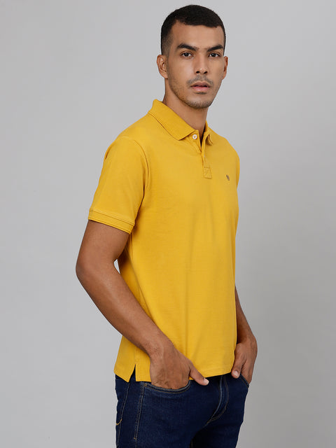 Men Mustard Regular Fit Solid Polo Neck T-Shirt