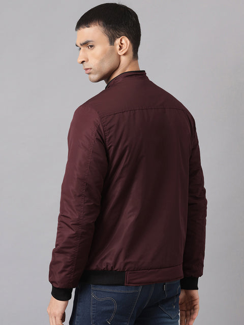 Men Maroon Regular Fit Bomber Solid Jacket