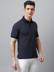 Men Navy Regular Fit Printed Polo Neck T-Shirt