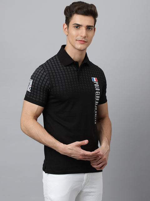 Men Black Regular Fit Checkered Polo Neck T-Shirt