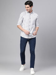 Men White Slim Fit Checkered Casual Shirt