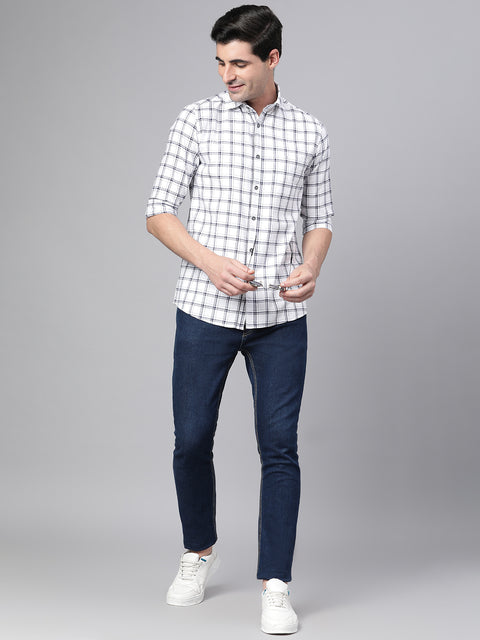 Men White Slim Fit Checkered Casual Shirt