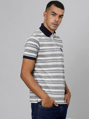 Men Ecru Melange Regular Fit Striped Polo Neck T-Shirt