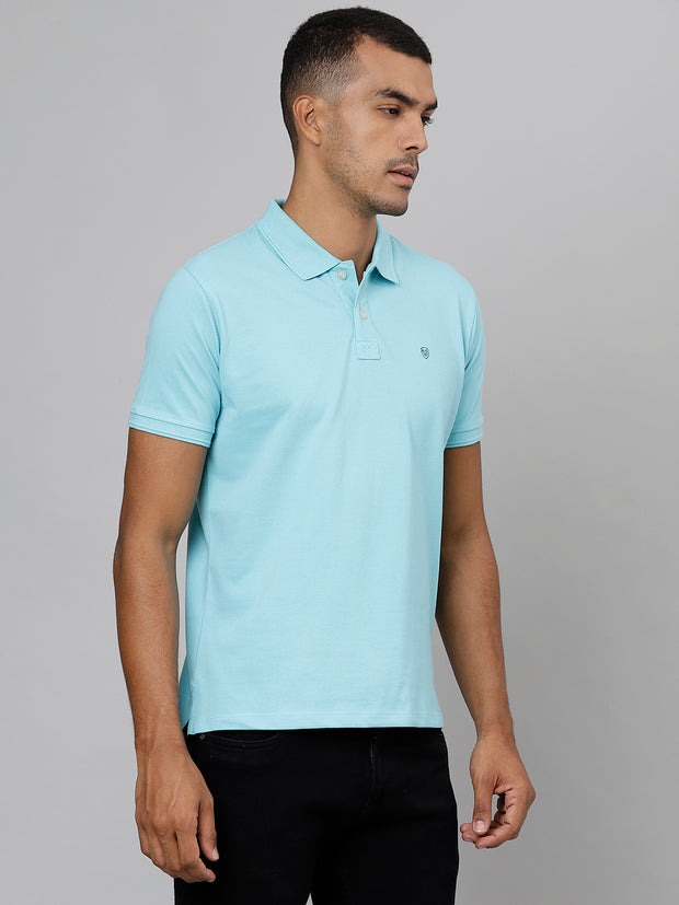 Men Sea Blue Regular Fit Solid Polo Neck T-Shirt