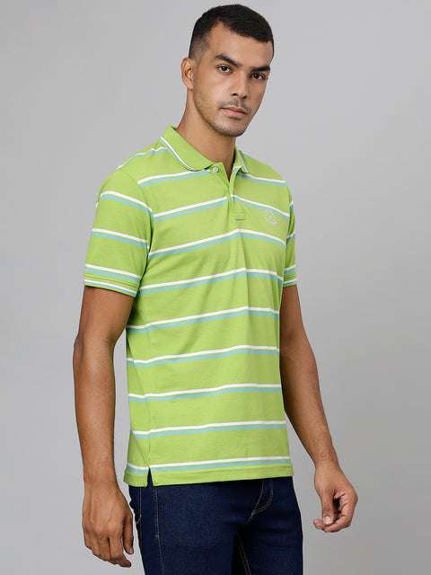 Men Green White Regular Fit Striped Polo Neck T-Shirt