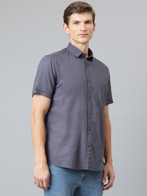 Men Dark Navy Slim Fit Solid Casual Shirt