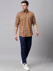 Men Khaki Slim Fit Checkered Casual Shirt