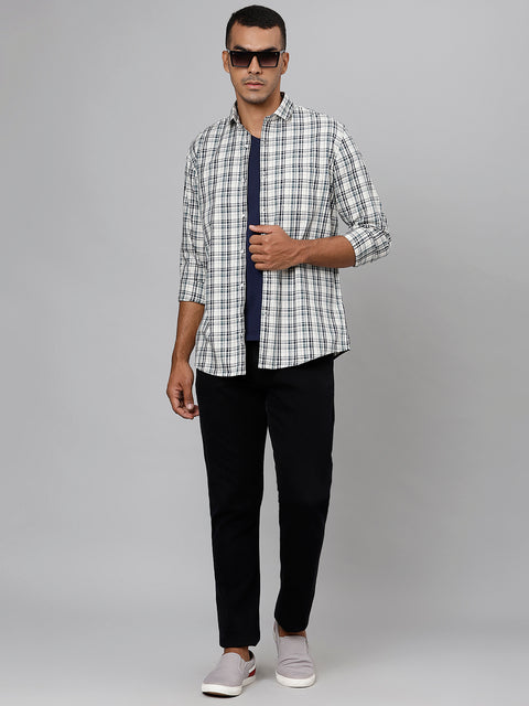 Men Cream  Slim Fit Checkered Casual Shirt