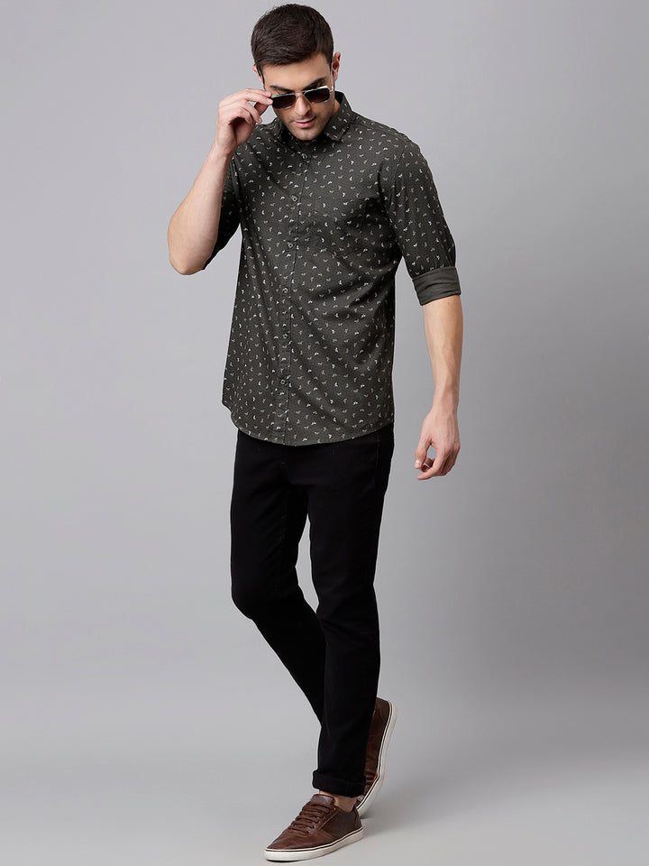Men Olive Slim Fit Printed Casual Shirt