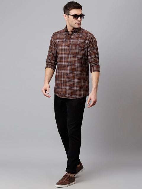 Men Brown Slim Fit Checkered Casual Shirt