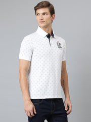 Men White Regular Fit Printed Polo Neck T-Shirt