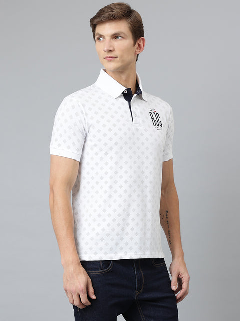 Men White Regular Fit Printed Polo Neck T-Shirt